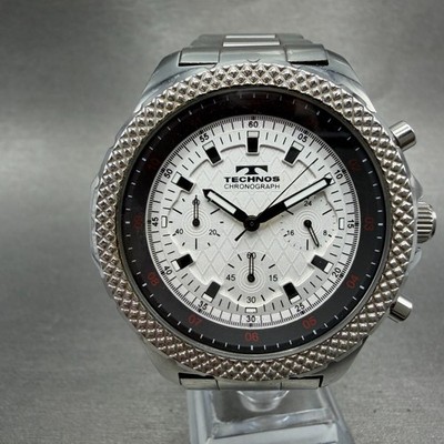 Technos Chronograph Watch Men 43mm Silver Dial Silver Tone T2253 New Battery