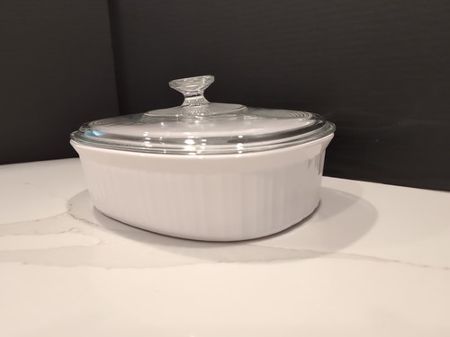 Corning Ware French White Ribbed OVAL CASSEROLE Dish 2.8 Liter F-2-B w/Pyrex Lid - Picture 2 of 6