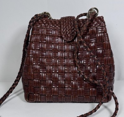 Woven Leather Crossbody Bag Brown Basket Weave Braided Strap Vintage Boho