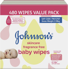 Johnson'S Baby Skincare Fragrance Free Baby Wipes 6 X 80 Pack|Enriched