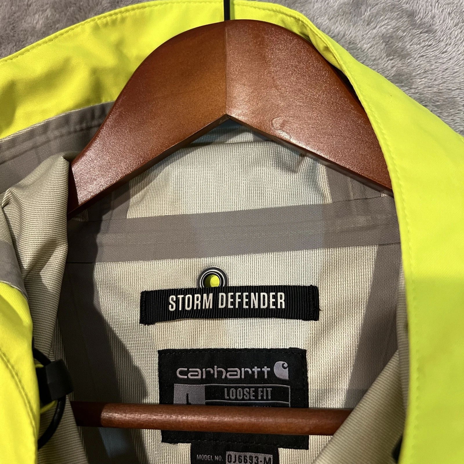 Carhartt Storm Defender Jacket Mens Large Yellow Hooded Hi Vis Workwear OJ6693-M - product detail image 4