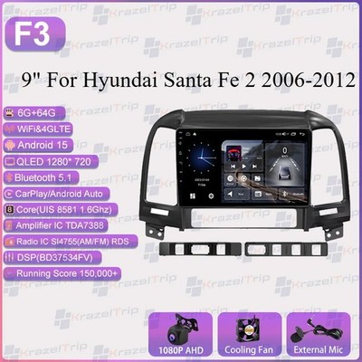 Android 15 Car Stereo Radio GPS Carplay +CAM 9'' For Hyundai Santa Fe 2 2006-2012