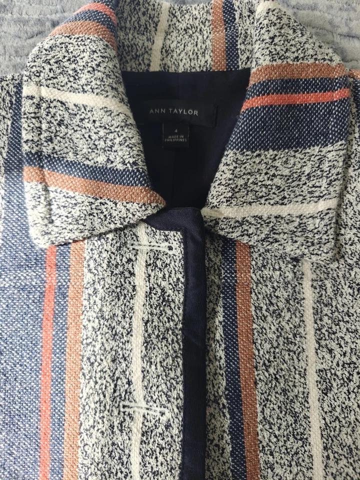 Chaqueta Ann Taylor Mujer Talla 4 Azul Corredor Rayas Manga Larga Tweed Abotonada Foto 3 de 4