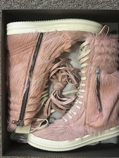 Rick Owens Furry Zipper Lace Pink White Knee High Combat Boot Men's EU 44