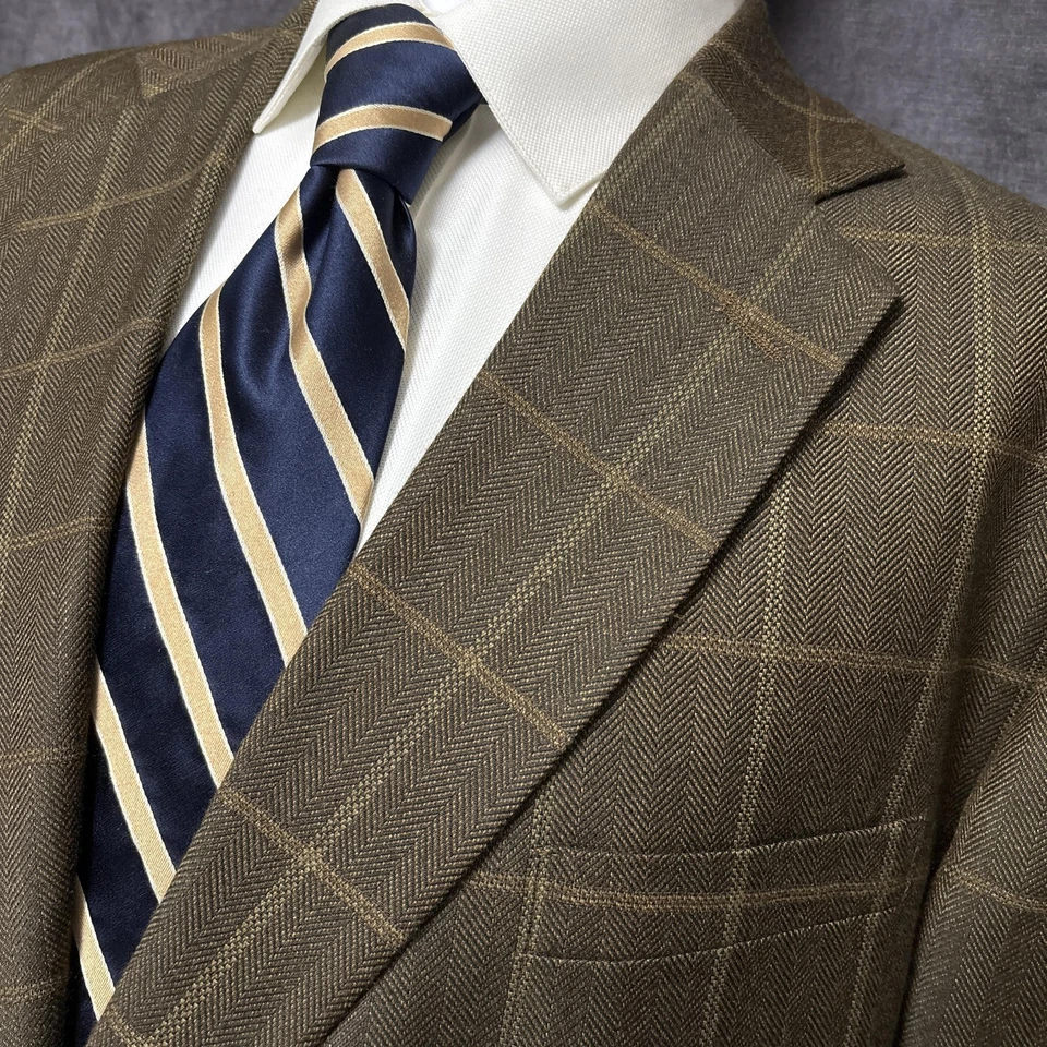 Austin Leeds Sport Coat 48R Wool Cashmere Brown Windowpane Elbow Patches Blazer - Image 2 of 4