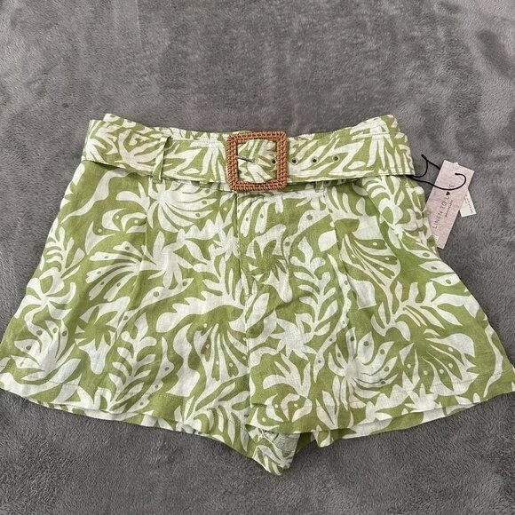 NWT Rachel Zoe 100% Linen Shorts MEDIUM Women's Green Tropical Vacation Resort