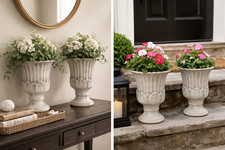 Pair Neoclassical Style Ceramic Garden Urns Planters White Distressed 8β