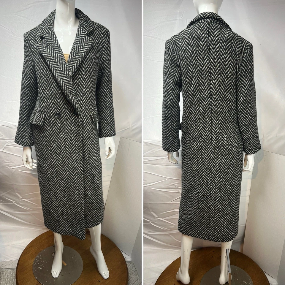 Chaqueta Abrigo Larga Doble Pecho Tweed Espiga Gris Negro 8 De Colección Para Mujer Foto 4 de 4