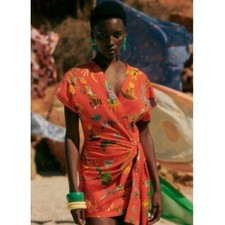 Sezane G Kero Orange Samantha Monkey Animal Tropical Wrap Dress Size XS