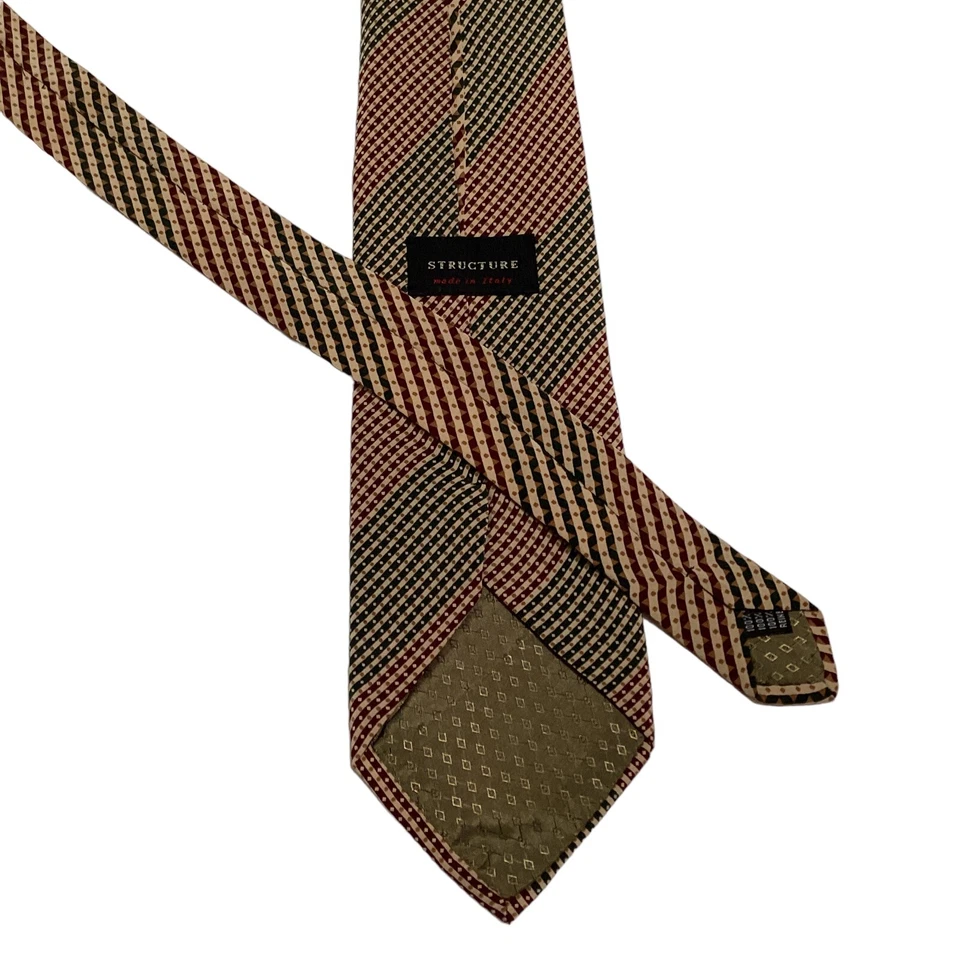 STRUCTURE Mens 100% Silk Necktie ITALY Designer STRIPED Burgundy/Green/Ivory EUC - Image 3 of 3