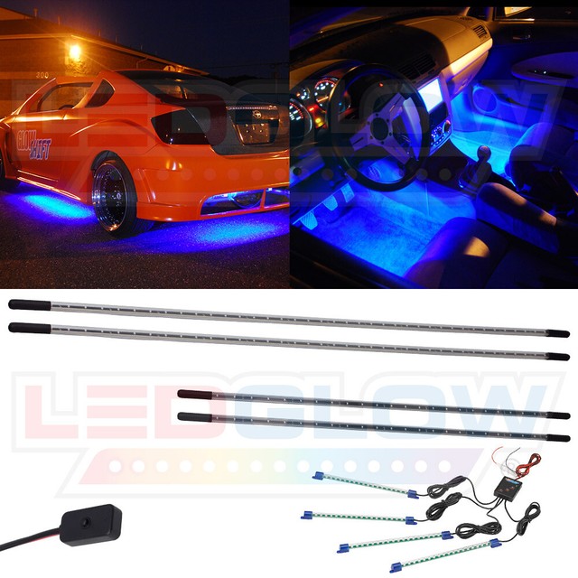 LedGlow 4pc Blue Underbody Underglow Car LED Neon Kit W 4pc LED