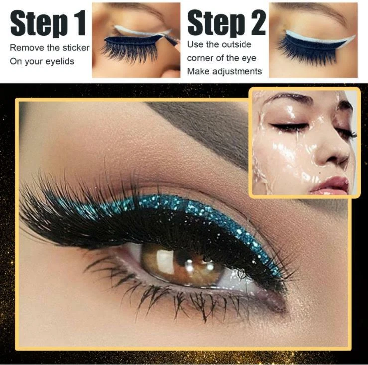 4 Pairs 3D False Eyelashes + Glitter Eyeliner Set Self Adhesive Multi-color Eye  - Image 3 of 4