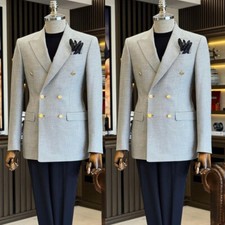 Gray Men's Suits Houndstooth Double Breasted Peak Lapel Formal Wedding Tuxedos