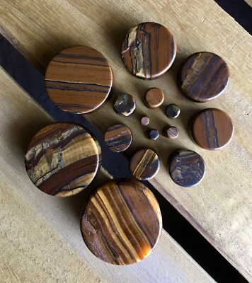 PAIR Tiger Iron Organic Stone Plugs Gauges - 3mm (8g) to 38mm (1.5'') available! 