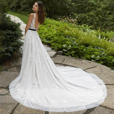 Simple V-Neck Wedding Dresses with Belt A-Line Sweep Train Sexy Backless  Gowns | eBay