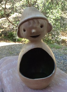 Vintage Pottery Garden Pixie Gnome Elf Hanging Pot Planter Bird