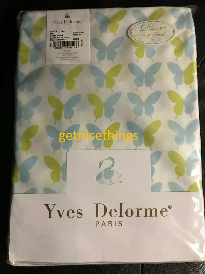 Sábana Ajustable Yves Delorme 75x85 Envol Mariposa Blanco Azul Amarillo Satén Francia Foto 2 de 4