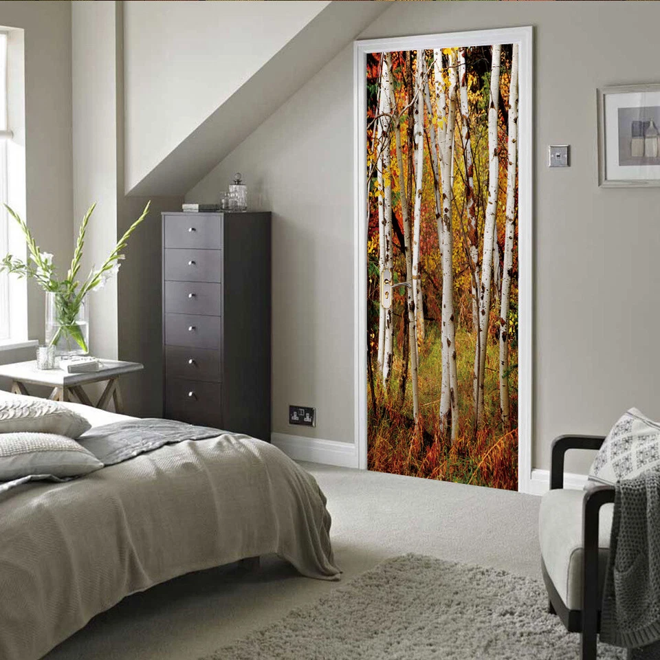 Mural de pared adhesivo para puerta de sala de estar 3D bosque autoadhesivo decoración del hogar Foto 3 de 4