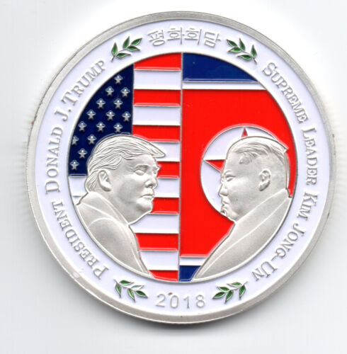 Moneda de Plata Donald Trump Kim Jong Un Conversaciones de Paz EE. UU. RPDC Antiguo Presidente de EE. UU. Retro - Imagen 1 de 12