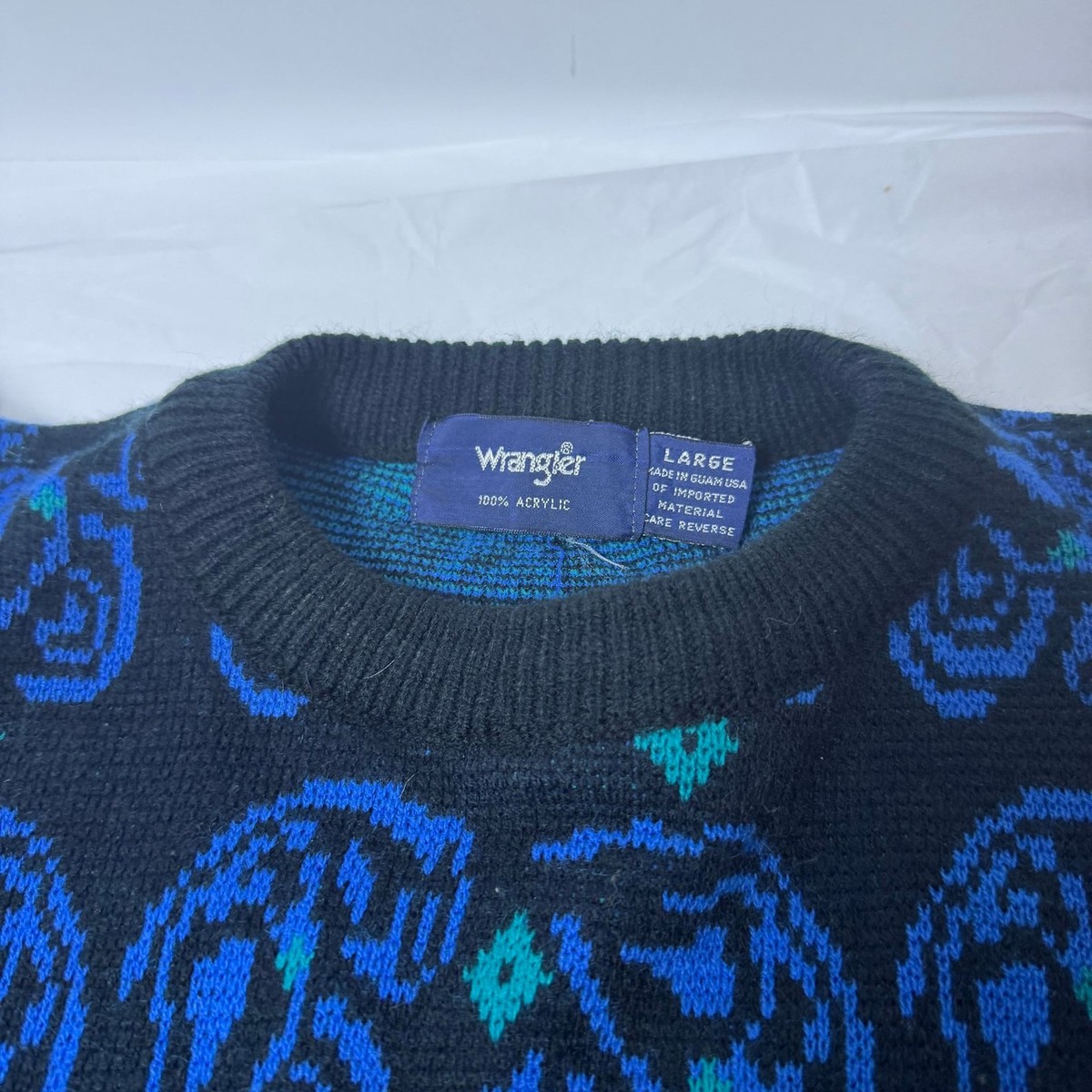 Vintage Wrangler Womens Large Blue and Black Paisley Print Acrylic Knit Sweater View 2