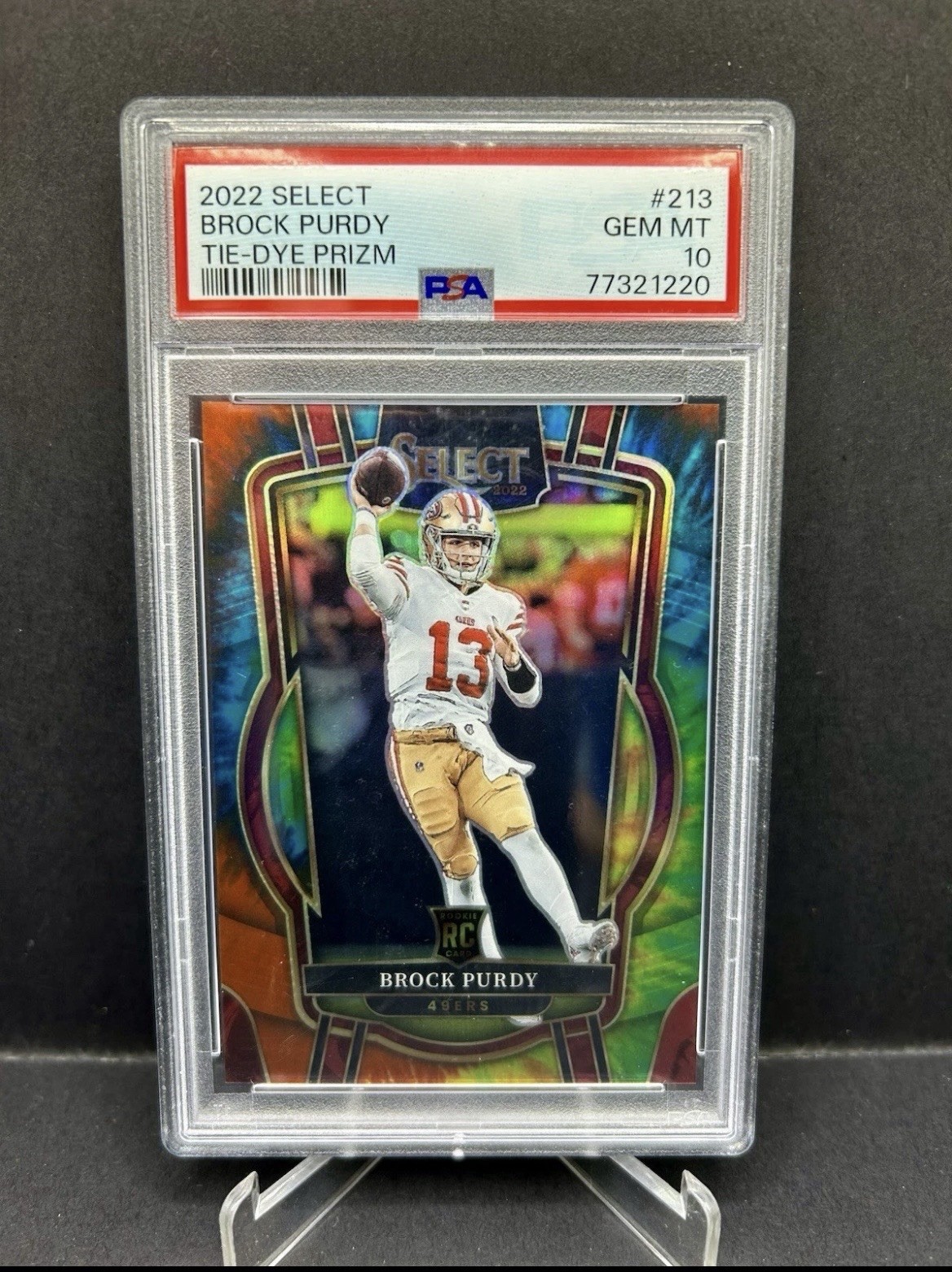 2022 Panini Select Club Level Brock Purdy #213 Tie-Dye Prizm /25 RC Jersey Match