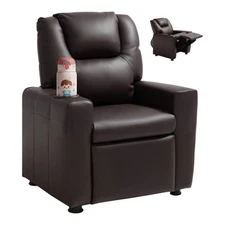 Kids Reclining Chair PU Leather Toddler Recliner with Cup Holder (Brown)