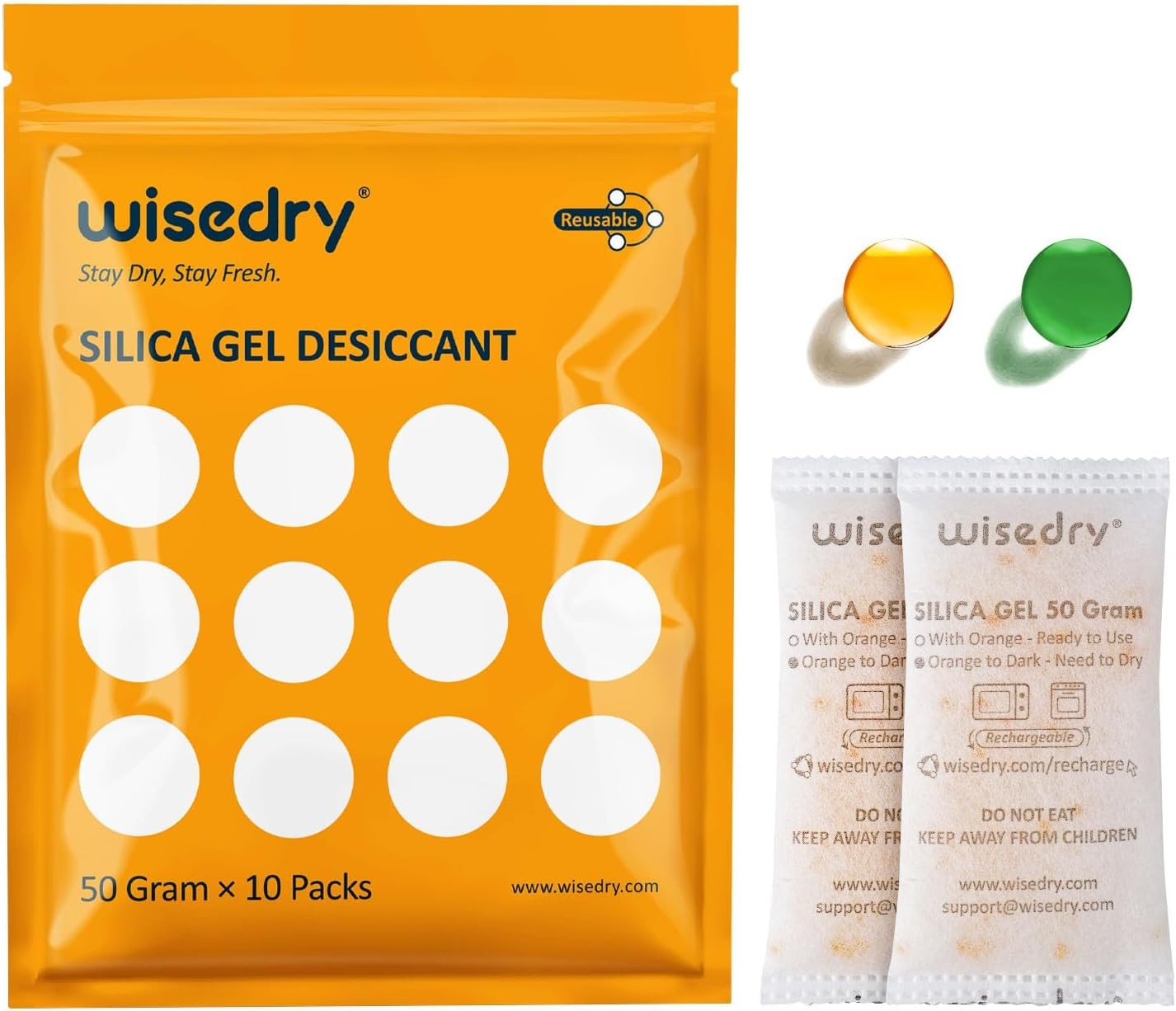 wisedry 50 Gram [10 Packs] Silica Gel Desiccant Sachets Microwave Fast Reactiva