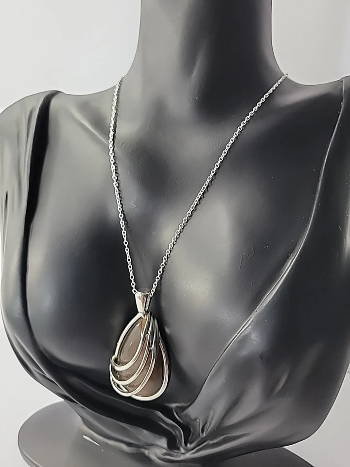 Vintage Lia Sophia Pendant Silver Tone Brown Stone Chain Jewelry Costume - Image 4 of 4