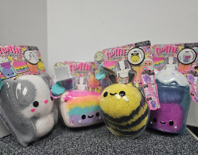 lot of 4, Fluffie Stuffiez -Treats Rainbow Cake & Boba Tea, Sky Bee, & Rabbit