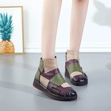 Retro Genuine Leather Patchwork Ankle Boots for Women Bohemian Art Shoes Gift