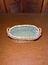 Vintage Wicker Basket w/ Floral Fabric Liner Lace Trim Cottage Farmhouse Decor