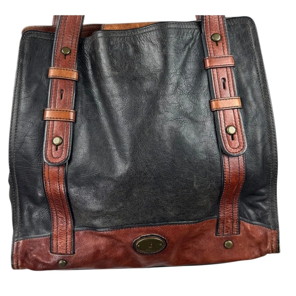 Fossil Leather Tote Bag Long Live Vintage Brown Black Dual Tone Shoulder Bag - Image 4 of 4