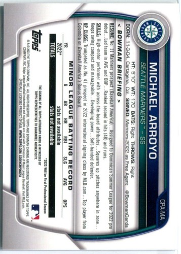 MICHAEL ARROYO 2025 Bowman Chrome Prospect REFRACTOR DE MOTAS AUTO Marineros/299 - Imagen 2 de 2