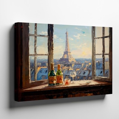 Eiffel Tower Paris View with Wine Bottles and Glasses Canvas Wall Art Print
