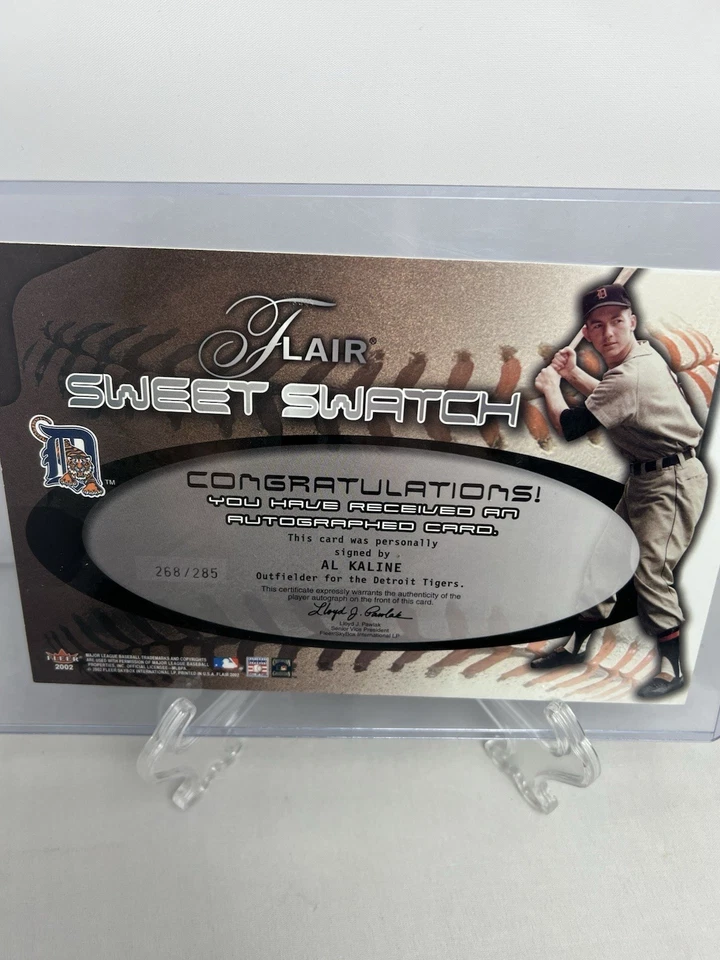 Tarjeta de bate firmada Fleer Flair Sweet Swatch 2002 Detroit Tigers Al Kaline 268/285 Foto 3 de 4