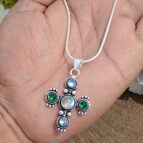 Labradorite Diopside Gemstone Cross 925 Sterling Silver Pretty Looking Pendant - Picture 8 of 10