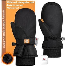 Kids Mittens with Easy-on Cuff, Waterproof Ski Snow Small  4-6 years  Black