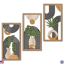 Boho Abstract Wall Art Set of 3, Modern Geometric Wooden Decor for Home 16.5x8.6