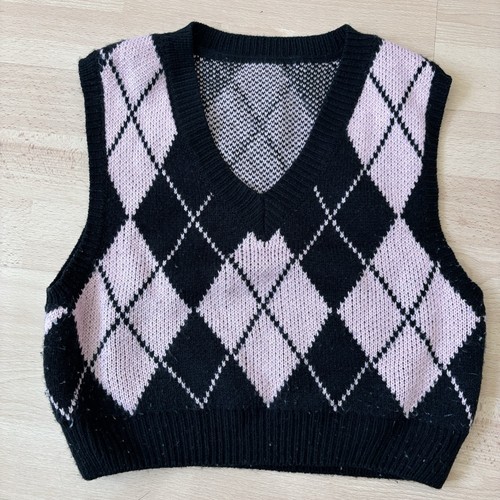 Shein Argyle Vest Sweater Women's M Medium Black Pink Sleeveless V Neck