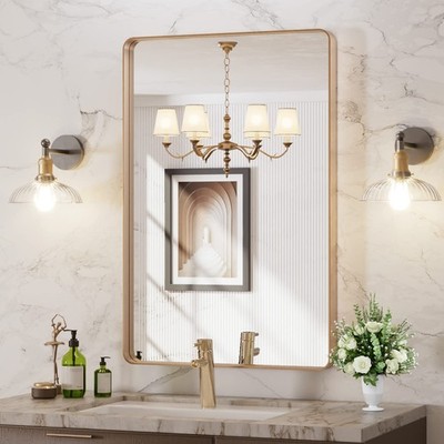 24 X36  Gold Bathroom Mirror, Rounded Rectangle Gold Frame Mirror, Brushed Go...