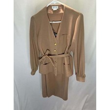 VTG Doncaster 2 Piece Skirt Suit Camel Tan Belted Jacket Midi Skirt Professional