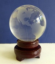4" Etched Glass Crystal World Globe Paperweight on Wooden Display Stand