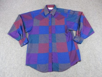 VINTAGE H Bar C Shirt Mens 34 Multicolor Check Western Snap Front Long Sleeve