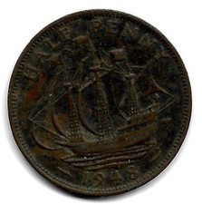 2270 1948 UK George VI Half Penny Three Masted Ship Coin KM#844