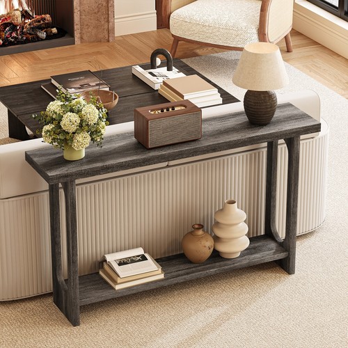 Ellipse Shape 2-Tier Console Table Entryway Sofa Side Table for Living Room Grey - Picture 7 of 12