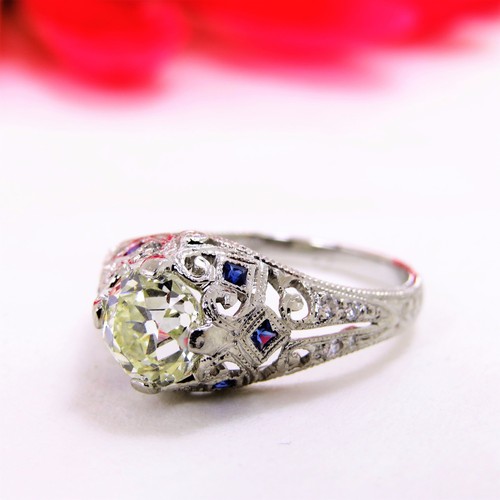 Antique 1.45 Ct Euro Round Diamond in Platinum ring w/ blue Sapphires Size 6.5 - Picture 3 of 8