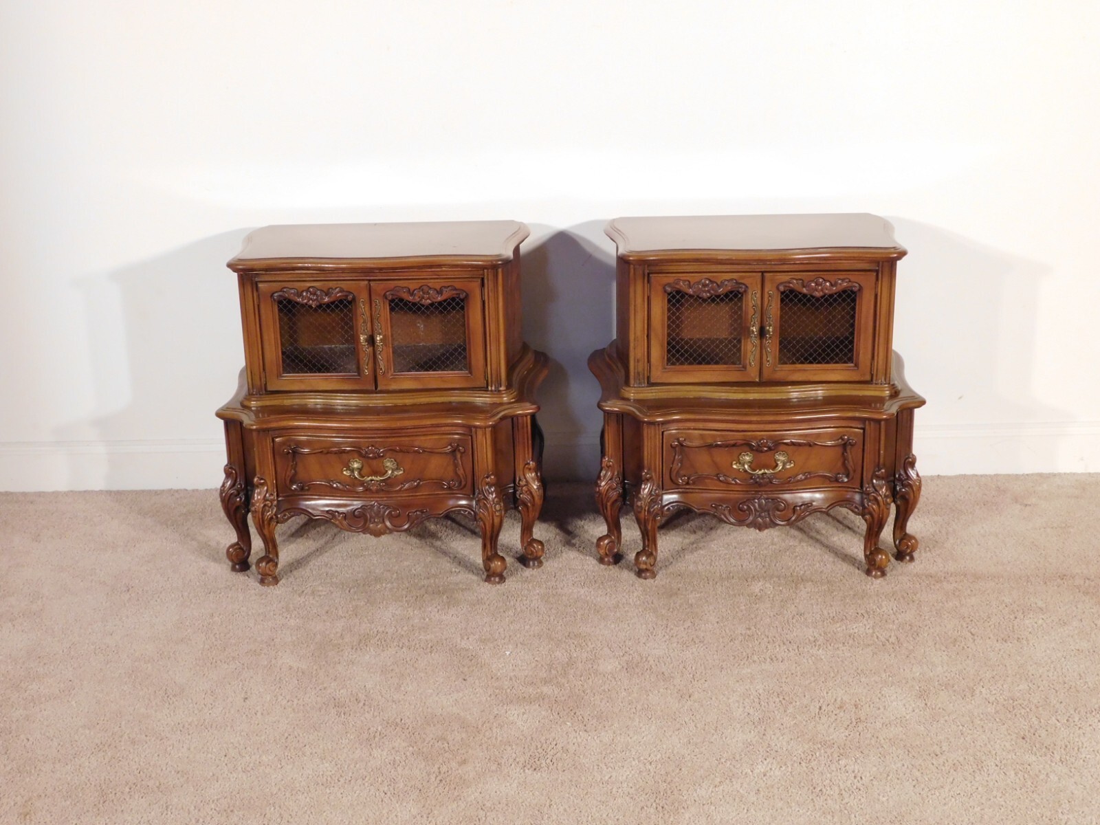White Furniture 1970s French Walnut Louis XV Style 6 Legged Nightstands Chest