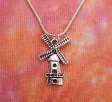Windmill Necklace, Dutch Netherlands Holland Wind Mill Charm Pendant Long Chain