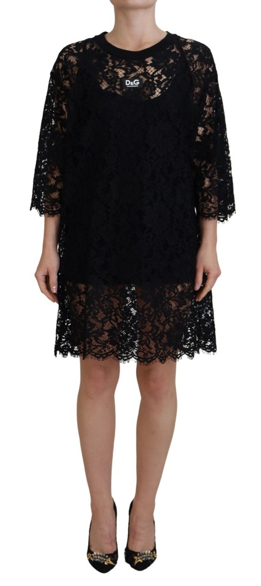 DOLCE & GABBANA Dress Black Floral Lace Cotton Shift Mini IT40/US6/S RRP 2400usd DOLCE & GABBANA Dress Black Floral Lace Cotton Shift Mini IT40/US6/S RRP 2400usd