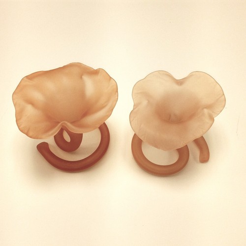 Vintage Pair of Frosted Pink Peach Satin Lily Vases Coil Base 5" Tall